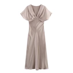 HH Women Elegant Solid Satin Dress Sexy V Neck Short Sleeve Midi Dress 2025 New Fashion Summer Lady Holidays Party Dress
