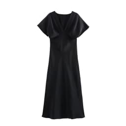 HH Women Elegant Solid Satin Dress Sexy V Neck Short Sleeve Midi Dress 2025 New Fashion Summer Lady Holidays Party Dress