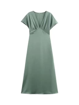 HH Women Elegant Solid Satin Dress Sexy V Neck Short Sleeve Midi Dress 2025 New Fashion Summer Lady Holidays Party Dress