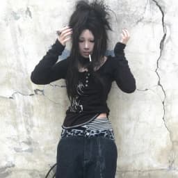 Karrcat Grunge Aesthetics Button Tops Trashy Y2k Tattoo Print T-shirt Vintage Gothic Black Irregular Tee Shirt American Retro