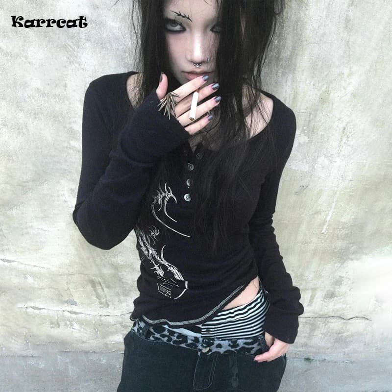 Karrcat Grunge Aesthetics Button Tops Trashy Y2k Tattoo Print T-shirt Vintage Gothic Black Irregular Tee Shirt American Retro