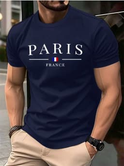 Summer Men's 100% Pure Cotton Casual Loose Plus Size Paris French Printed Sports Comfortable Round Neck Short Sleeved T-Shirt