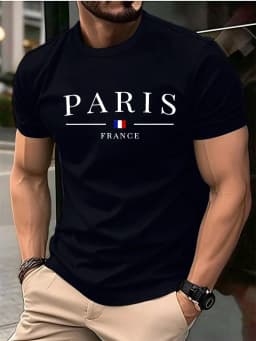 Summer Men's 100% Pure Cotton Casual Loose Plus Size Paris French Printed Sports Comfortable Round Neck Short Sleeved T-Shirt