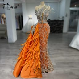 Orange Elegant Dubai Mermaid Evening Dresses Bling Crystal Beads Feathers Prom Dress Luxury Celebrity Party Gowns Customizedi