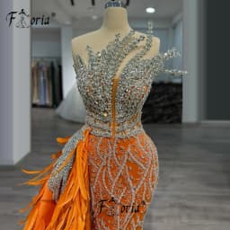 Orange Elegant Dubai Mermaid Evening Dresses Bling Crystal Beads Feathers Prom Dress Luxury Celebrity Party Gowns Customizedi