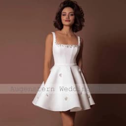 Classy Short Bridal Gowns Satin A-line Engagement Dress White Square Neck Pearls Ruched Women's Wedding Dresses Mini 2025