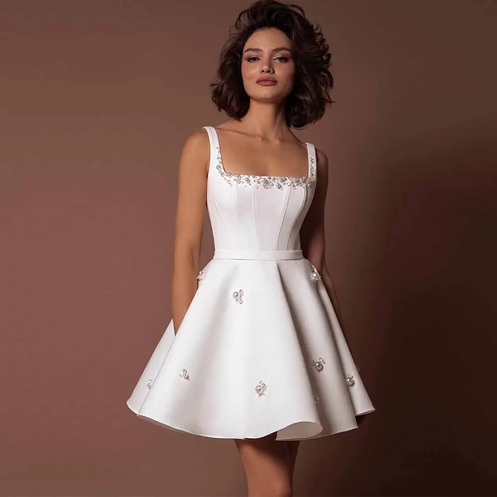 Classy Short Bridal Gowns Satin A-line Engagement Dress White Square Neck Pearls Ruched Women's Wedding Dresses Mini 2025