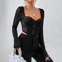 Chic Sexy V Neck Long Sleeve Mesh Crop Top, Women Black Backless Lace Embroidery Hollow Out Slim Comfortable Casual Wear Blouse