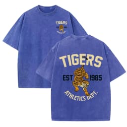 Tigers Est 1985 Sport Print Washed Women T-Shirt Summer Casual Retro T Shirts Snow Wash Tee Top Loose Unisex Retro Streetwear
