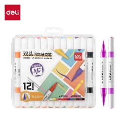 Deli Dual-Tip Acrylic Markers Set Highlighters Art Brush Paint Pens for Doodling Hand Drawing Multiple Sizes 12/24/36/48 Pcs