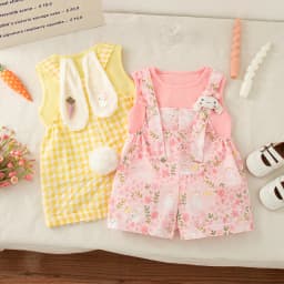 Baby Girl Set Cute Rabbit Ear Tops with Yellow Checker Shoulder Strap Shorts Suit 2 Piece Summer Casual Outdoor Costume for Girl