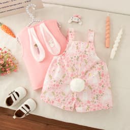 Baby Girl Set Cute Rabbit Ear Tops with Yellow Checker Shoulder Strap Shorts Suit 2 Piece Summer Casual Outdoor Costume for Girl