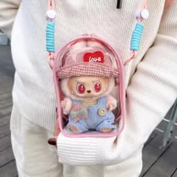 For 15cm Labubu v2 sitting party cotton doll crossbody pain bag pvc storage bag hairball Dolls Display Bag (No dolls)