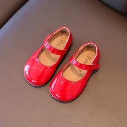 Plain Patent Leather Ballet Flats for Baby Girls Concise Round-Toe Mary Jane Shoes Red/White Kids Soft Sole