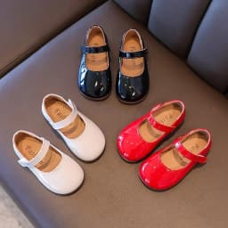 Plain Patent Leather Ballet Flats for Baby Girls Concise Round-Toe Mary Jane Shoes Red/White Kids Soft Sole