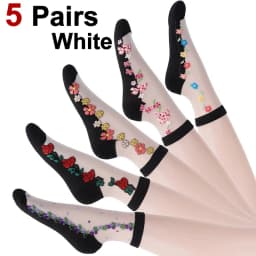 5/10 Pairs Women Floral Print Mid Tube Socks Summer Thin Design Sweat Absorbing Breathable Comfortable Casual Women Silk Socks
