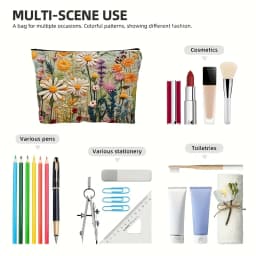 Floral Canvas Makeup Bag Zipper Pouch with Lining Daisy Wildflower Toiletries Organizer Perfect Gifts for Women Teachers Friends
