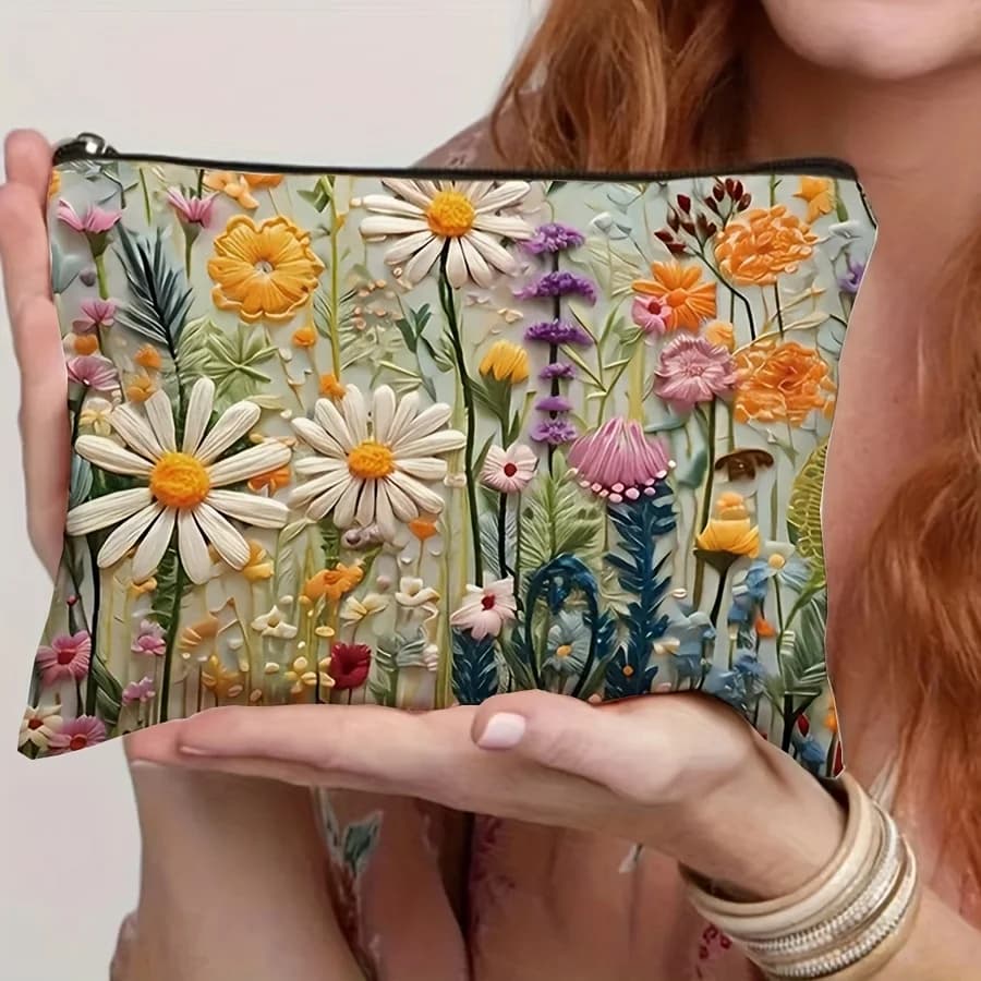 Floral Canvas Makeup Bag Zipper Pouch with Lining Daisy Wildflower Toiletries Organizer Perfect Gifts for Women Teachers Friends