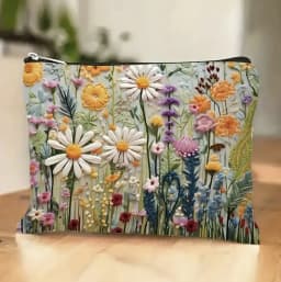 Floral Canvas Makeup Bag Zipper Pouch with Lining Daisy Wildflower Toiletries Organizer Perfect Gifts for Women Teachers Friends