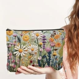 Floral Canvas Makeup Bag Zipper Pouch with Lining Daisy Wildflower Toiletries Organizer Perfect Gifts for Women Teachers Friends
