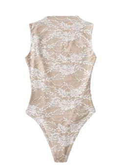 2025 Women's Summer Elegant Beige Black Sleeveless Lace Bodysuits Lady Luxury High Quality Street Bodycon Rompers Jumpsuits Tops