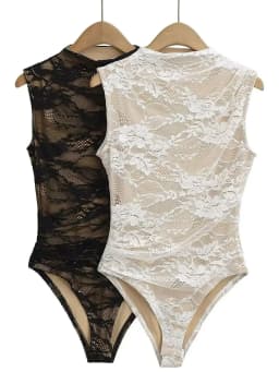 2025 Women's Summer Elegant Beige Black Sleeveless Lace Bodysuits Lady Luxury High Quality Street Bodycon Rompers Jumpsuits Tops