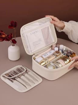 New PU leather makeup bag with large capacity, portable, and high-end outdoor feel, layered and multi-layer waterproof makeup ca