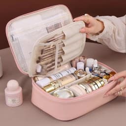 New PU leather makeup bag with large capacity, portable, and high-end outdoor feel, layered and multi-layer waterproof makeup ca
