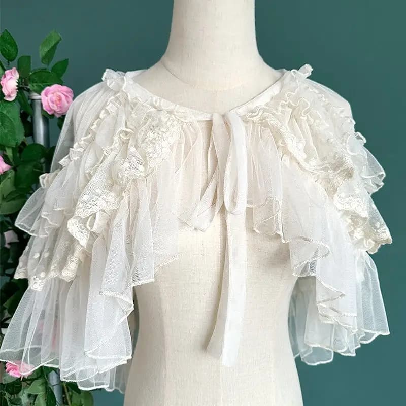 Lolita Short Shawl Coat Women Sweet Kawaii Lace Mesh Open Front Poncho Gothic Girls Retro Cute Princess Capes Outerwear