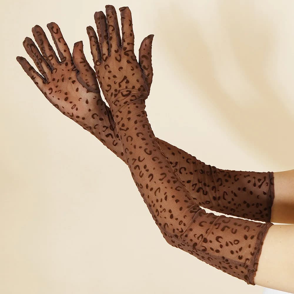 Sexy Leopard Print Lace Mesh Long Gloves High Elasticity Women Party Halloween Cosplay Performance Transparent Hollow Breathable