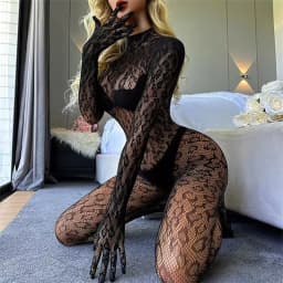 Women Sexy Leopard Hollow Out Mesh Bodystocking Fishnet Lingerie Long Sleeve See Through Bodysuit Jumpsuit Nightwear SIMPLEJEWEL