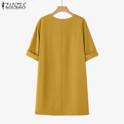 ZANZEA Elegant Women Party Dress 2026 Summer Fashion 3/4 Sleeve Casual Shirt Vestidos Pockets Loose Solid Knee-length Sundress