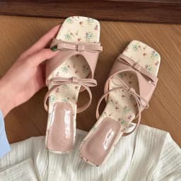 New Summer Mid Heels Slippers Square Head Open Toe Pumps Flower Pink Bow Wedge Sandals for Women Slip On Shoes Wear Sandalias