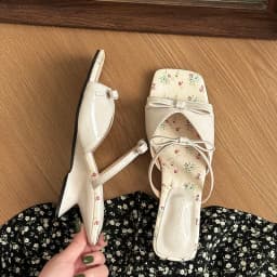 New Summer Mid Heels Slippers Square Head Open Toe Pumps Flower Pink Bow Wedge Sandals for Women Slip On Shoes Wear Sandalias
