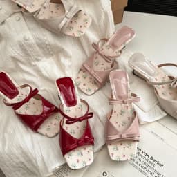 New Summer Mid Heels Slippers Square Head Open Toe Pumps Flower Pink Bow Wedge Sandals for Women Slip On Shoes Wear Sandalias
