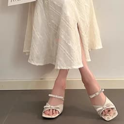 New Summer Mid Heels Slippers Square Head Open Toe Pumps Flower Pink Bow Wedge Sandals for Women Slip On Shoes Wear Sandalias