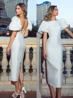 Simple Midi Wedding Dresses Satin Sheath/Column Wedding Party Dress White Boat Neck Pleat Backless Button Hall Wedding Dress Mid