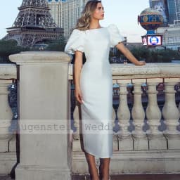 Simple Midi Wedding Dresses Satin Sheath/Column Wedding Party Dress White Boat Neck Pleat Backless Button Hall Wedding Dress Mid