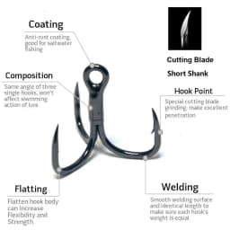 30 Hooks per Pack Black Nickle Short Shank Cutting Blade Forged High Quality Treble Fishing Hooks Fishing Tackle FH38HP30