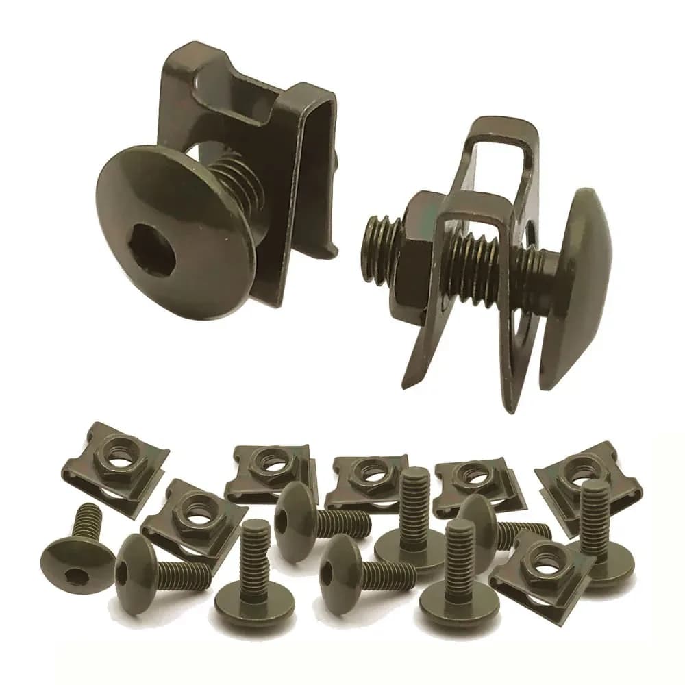 10 Set Motorcycle Scooter ATV Moped Plastic Cover Screw Bolt and U Type Clips with Nut M6 6mm M6X16 Army green