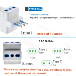 Italy Travel Plug Adapter 3 Ways Socket Multi Port Outlet Italian standard 10A 250V