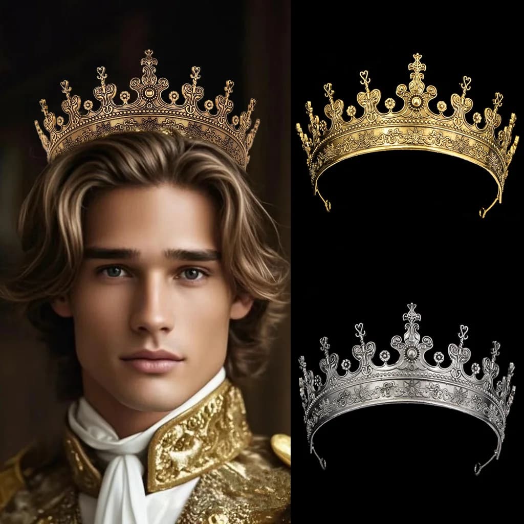 Unisex Golden Medieval Crown Renaissance Period Costume Accessory Prince Princess Birthday Masquerade Ball Halloween Headpiece