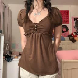 Women's Ruffle Trim T-shirt Summer Fashion Bead Decor Tops V-Neck Short Puff Sleeve A-Line Tees Y2k Fairy Grunge Streetwear