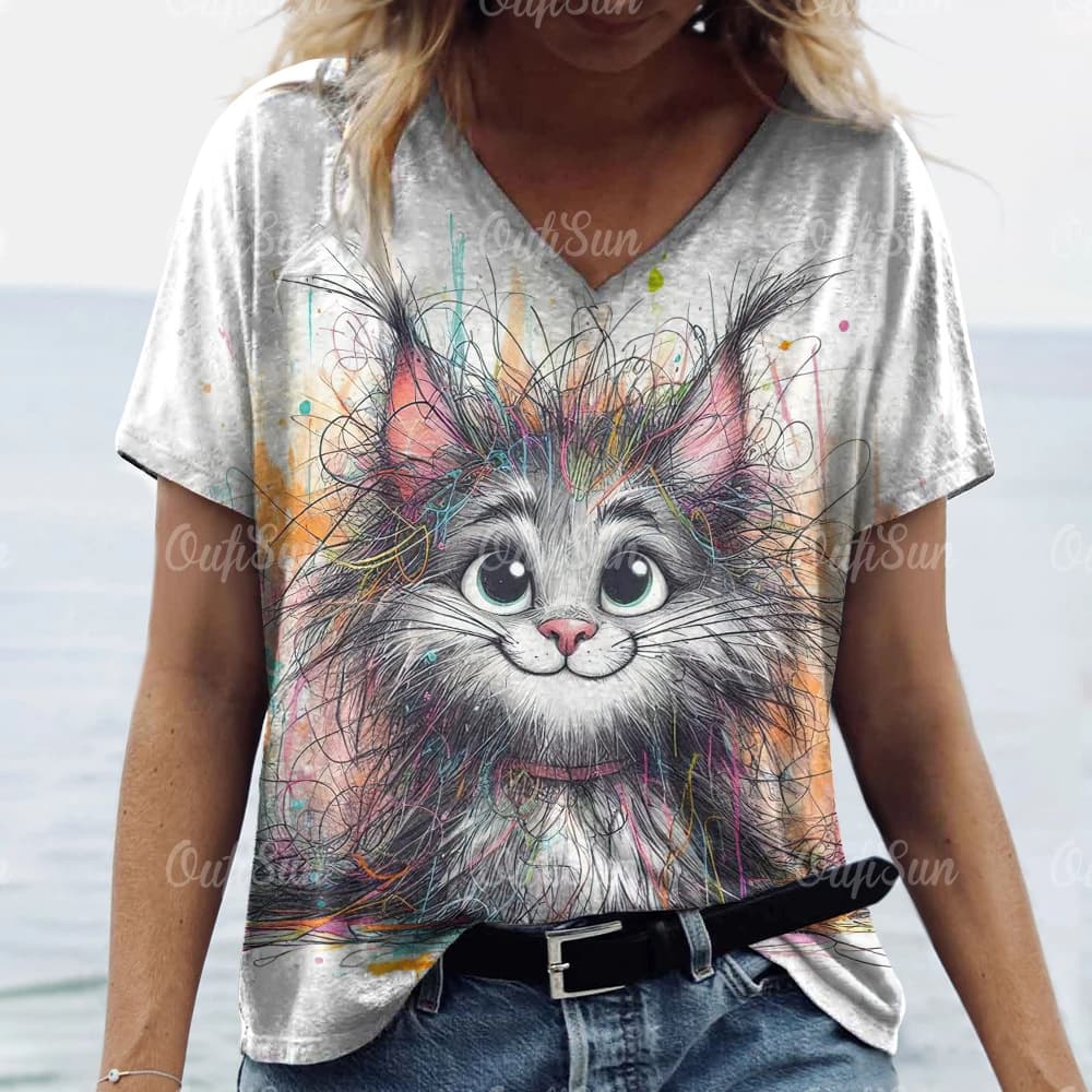 Women's T Shirt Cat Print Casual Short Sleeve 3d T-Shirts Fashion New Streetwear Crew Neck Pullover Female Oversized Clothing