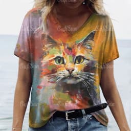Women's T Shirt Cat Print Casual Short Sleeve 3d T-Shirts Fashion New Streetwear Crew Neck Pullover Female Oversized Clothing
