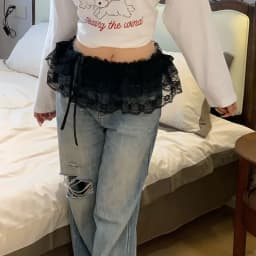 New Embroidered Flower Lace Mini Skirt See Through Y2K Streetwear Lace Up Ruffles Skirt Harajuku Butt Curtain Jeans Decoration