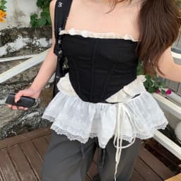 New Embroidered Flower Lace Mini Skirt See Through Y2K Streetwear Lace Up Ruffles Skirt Harajuku Butt Curtain Jeans Decoration