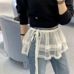 New Embroidered Flower Lace Mini Skirt See Through Y2K Streetwear Lace Up Ruffles Skirt Harajuku Butt Curtain Jeans Decoration