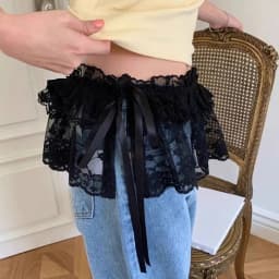 New Embroidered Flower Lace Mini Skirt See Through Y2K Streetwear Lace Up Ruffles Skirt Harajuku Butt Curtain Jeans Decoration