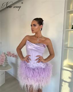 Lilac Short Feathers Evening Dresses Customized Beading Strapless Cocktail Dress Party Clubbing Dress Graduation Dress Robes